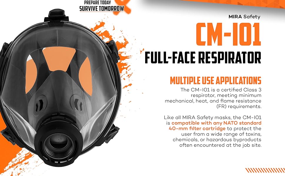 MIRA Safety CM-I01 mask with some product description on the right